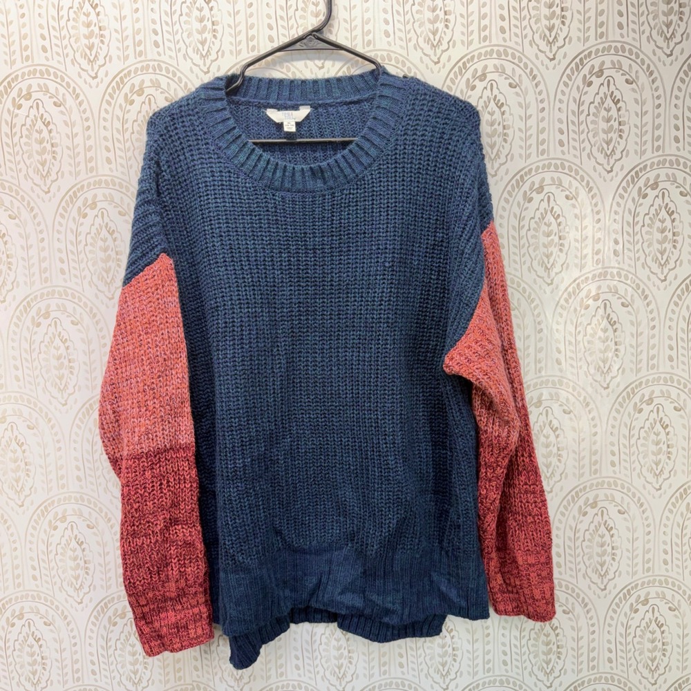 Time and Tru Sweater Womens XL Blue Pink Colorblock Shaker Knit Crewneck TT43100